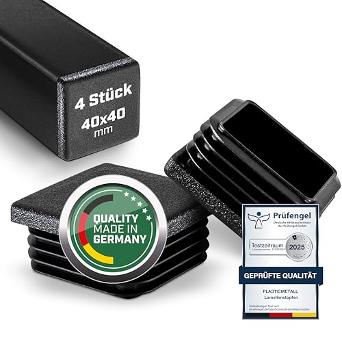 Plasticmetall Lamellenstopfen 40x40 mm aus PE 4 STK. [FUNKENEROSION-Struktur] Rohrstopfen für Aluprofil, Vierkantrohr, zur Rohrabdeckung von Edelstahlrohr, Alurohr, Stuhlbeinkappen, Endkappen, Kappe von plasticmetall