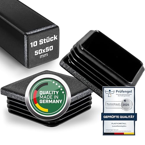Plasticmetall Lamellenstopfen 50x50 mm aus PE 10 STK. [FUNKENEROSION-Struktur] Rohrstopfen für Aluprofil, Vierkantrohr, zur Rohrabdeckung von Edelstahlrohr, Alurohr, Stuhlbeinkappen, Endkappen, Kappe von plasticmetall
