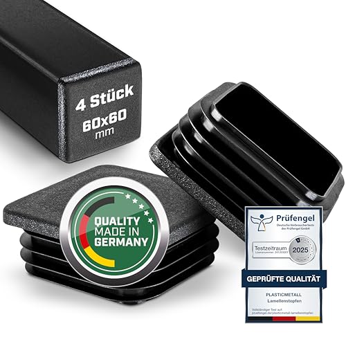 Plasticmetall Lamellenstopfen 60x60 mm aus PE 4 STK. [FUNKENEROSION-Struktur] Rohrstopfen für Aluprofil, Vierkantrohr, zur Rohrabdeckung von Edelstahlrohr, Alurohr, Stuhlbeinkappen, Endkappen, Kappe von plasticmetall