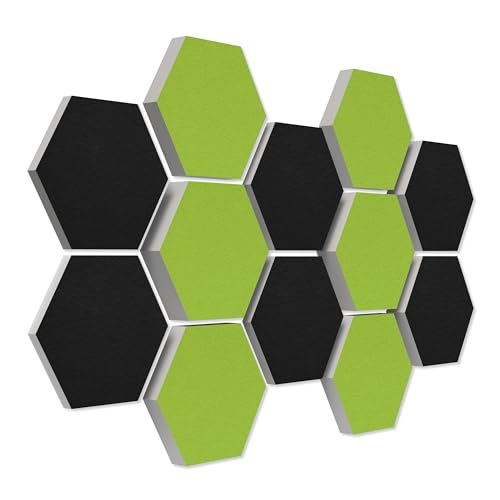 platino24 Schallabsorber COLORE aus Basotec G+ I Akustikpaneele mit Akustikfilz I 3D Wand-Paneele mit 12 Waben in Hellgrün + Schwarz I Akustikplatten zur Schalldämmung in Büro, Studio & Wohnung von platino24