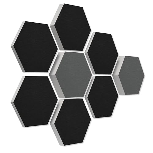 platino24 Schallabsorber COLORE aus Basotec G+ I Akustikpaneele mit Akustikfilz I 3D Wand-Paneele mit 8 Waben in Schwarz & Granitgrau I Akustikplatten zur Schalldämmung in Büro, Studio & Wohnung von platino24