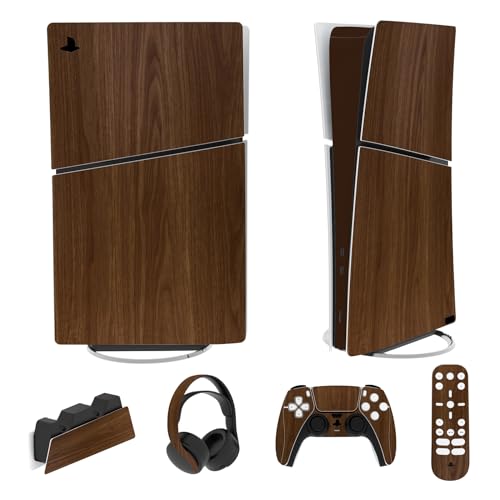 PlayVital Full Set Skin Sticker für ps5 Slim Konsole Digital Edition,Aufkleber Vinyl-Skin Stickers Schutzfolie Folie für ps5 Controller,Ladestation, Headset,Medienfernbedienung-Holzmaserung von playvital