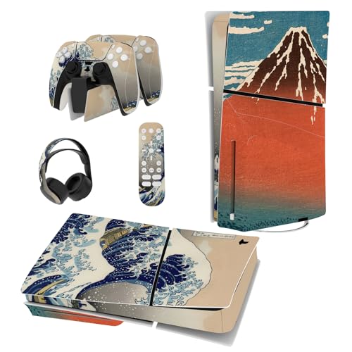 PlayVital Full Set Skin Sticker für ps5 Slim Konsole Disc Edition,Aufkleber Vinyl-Skin Stickers Schutzfolie Folie für ps5 Controller,Ladestation, Headset,Medienfernbedienung-Welle von playvital