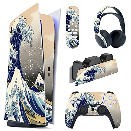 PlayVital Skin Kompatibel mit ps5 Konsole Digital Edition, Aufkleber Vinyl-Skin Schutzfolie Stickers für PS5 Konsole,Controller,Ladestation,Headset,Medienfernbedienung(Große Welle) von playvital