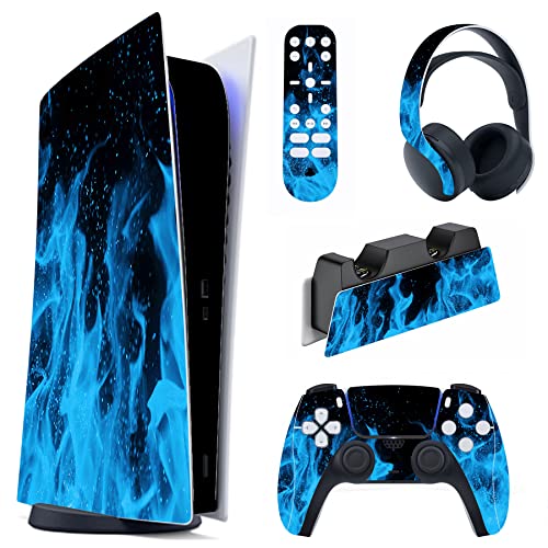 PlayVital Skin Kompatibel mit ps5 Konsole Digital Edition, Aufkleber Vinyl-Skin Schutzfolie Stickers für PS5 Konsole,Controller,Ladestation,Headset,Medienfernbedienung-Blaue Flamme von playvital