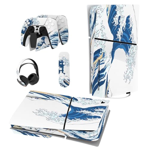 PlayVital Skin Sticker für ps5 Slim Konsole Disc Edition,Aufkleber Vinyl-Skin Stickers Schutzfolie Folie für ps5 Controller,Ladestation, Headset,Medienfernbedienung-The Great Wave Off Kanagawa von playvital