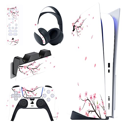 PlayVital Skin Stickers für ps5 Konsole Regular Edition,Vinyl-Skin Folie Stickers Aufkleber Schutzfolie für PS5 Konsole,Controller,Ladestation,Headset,Medienfernbedienung-Fallende Kirschblüten von playvital