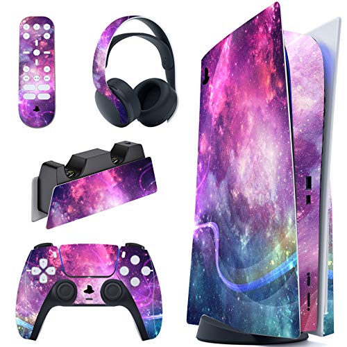 PlayVital Skin für ps5 Konsole Regular Edition,Aufkleber Vinyl-Skin Stickers Schutzfolie Folie für PS5 Konsole,Controller,Ladestation, Headset,Medienfernbedienung-Lila Galaxie von playvital