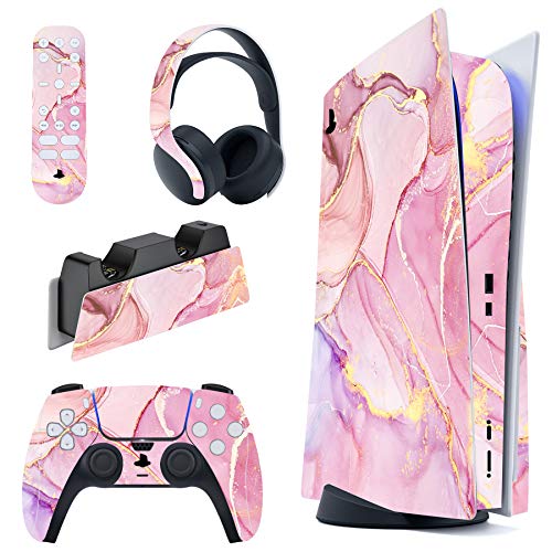 PlayVital Skin für ps5 Konsole Regular Edition,Aufkleber Vinyl-Skin Stickers Schutzfolie Folie für PS5 Konsole,Controller,Ladestation, Headset,Medienfernbedienung-Rosa Gold Marmor Optik von playvital