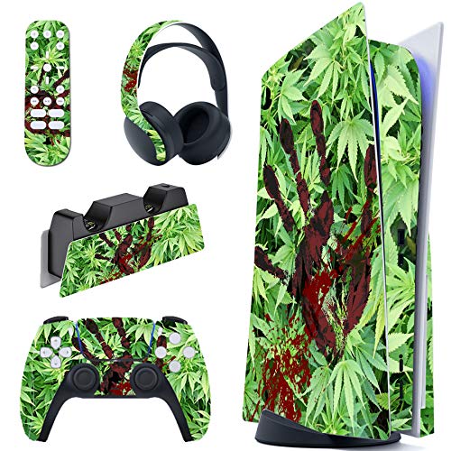 PlayVital Skin für ps5 Konsole Regular Edition,Aufkleber Vinyl-Skin Stickers Schutzfolie Folie für PS5 Konsole,Controller,Ladestation, Headset,Medienfernbedienung-Unkraut von playvital