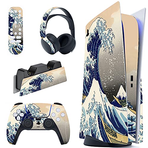 PlayVital Skin für ps5 Konsole Standard Disc Edition,Decal Sticker Aufkleber Vinyl-Skin Schutzfolie Folie für PS5 Konsole,Controller,Ladestation,Headset,Medienfernbedienung-(Große Welle) von playvital