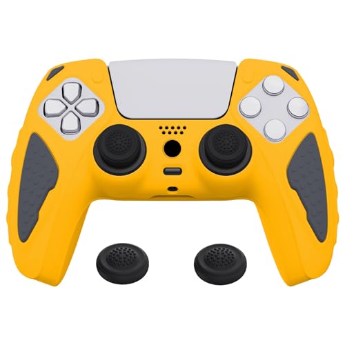 PlayVital Silikon Hülle für ps5 Controller,Case Anti-Rutsche Schutzhülle Hülle Griffe Skin Weiches Gummi Grips für PlayStation 5 Wireless Controller(Caution Gelb & Graphitgrau) von playvital