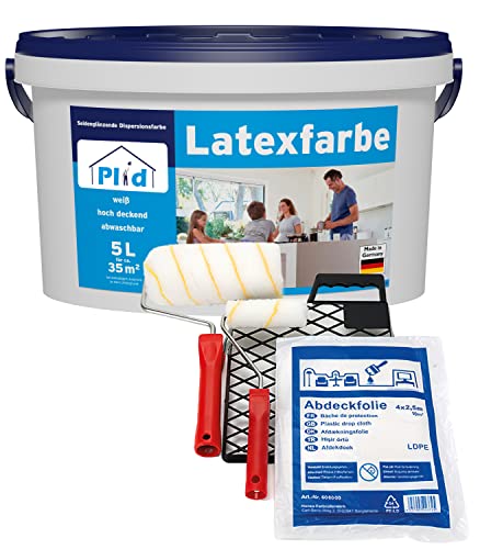 plid® Latexfarbe Weiß seidenglänzend [5L - Set] - Abwaschbare Farbe Innen für Küche & Badezimmer - Latexfarbe abwaschbar leicht zu reinigen & nicht schlämmend -Latexfarbe abwaschbar nicht füllend von plid