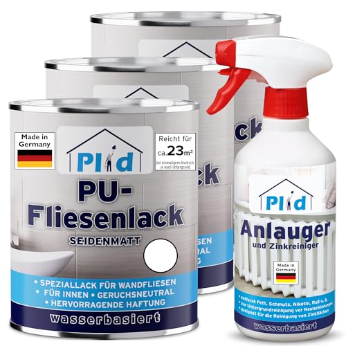 PLID® Fliesenfarbe Badezimmer & Küche [FEUCHTIGKEITSBESTÄNDIG] Fliesenlack Weiß satin 2,25l fürs Bad - Fliesen neu streichen & lackieren im Innenbereich - 3in1 Fliesen Farbe Lack - Made in Germany Set von Plid