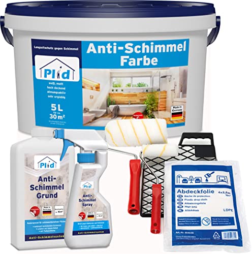 Plid® Anti Schimmelfarbe Innen Weiß inkl. Spray + Grundierung + Streichset 6-tlg - Antischimmelfarbe für feuchte Räume, Bad & Küche - Schimmel Farbe - Effektiver Schutz gegen Schimmel 5l von Plid