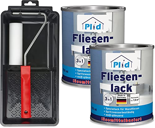 plid® Fliesenfarbe Badezimmer & Küche [FEUCHTIGKEITSBESTÄNDIG]- Fliesenlack Weiß 1,5l fürs Bad - Fliesen neu streichen & lackieren im Innenbereich - 3in1 Fliesen Farbe Lack - Made in Germany Set von plid