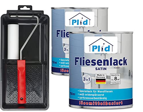 plid® Fliesenfarbe Badezimmer & Küche [FEUCHTIGKEITSBESTÄNDIG] Fliesenlack Weiß satin 1,5l fürs Bad - Fliesen neu streichen & lackieren im Innenbereich - 3in1 Fliesen Farbe Lack - Made in Germany Set von plid