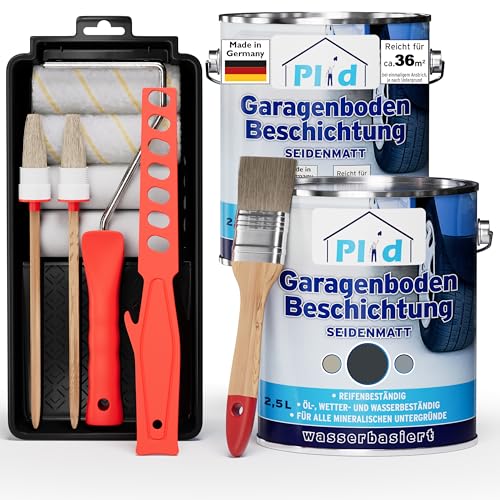 Plid® Garagenboden- Betonfarbe Anthrazitgrau satin - [SPEZIALBESCHICHTUNG FÜR GARAGENBÖDEN] - frostsicher - beständig gegen Motoröl - Bremsflüssigkeit - Diesel & Heizöl - Made in Germany 5l Set von Plid