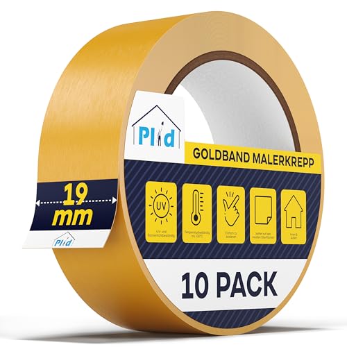 plid® Goldband Malerkrepp [Wasserabweisend] - Malerklebeband Nassfest - für Innen & Außen - Abklebeband Maler - verhindert Unterlaufen von Farben - Painters Tape - Klebeband Maler (19mm, 10 Rollen) von plid