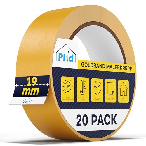 plid® Goldband Malerkrepp [Wasserabweisend] - Malerklebeband Nassfest - für Innen & Außen - Abklebeband Maler - verhindert Unterlaufen von Farben - Painters Tape - Klebeband Maler (19mm, 20 Rollen) von plid