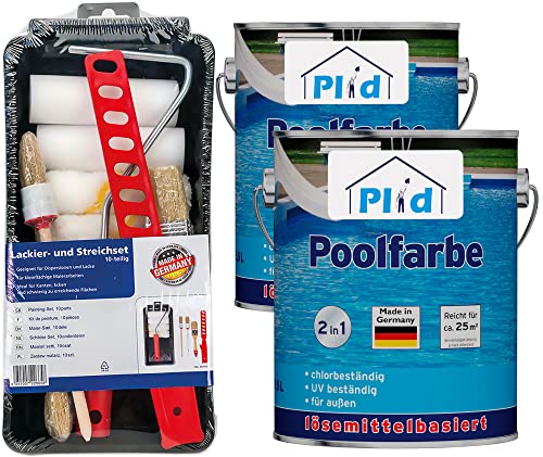 Plid® Premium Poolfarbe Schwimmbeckenfarbe Unterwasserfarbe Schwimmbeckenbeschichtung Schwimmbadfarbe wasserdichte Betonfarbe Poolblau seidenglänzend 5l - Anstreichset von Plid
