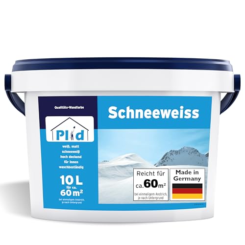 plid® Schneeweiß Wandfarbe Weiß 10L [HOHE DECKKRAFT] - Weiße Wandfarbe Polarweiß geruchsarm - Farbe Wand - Weisse Innenfarbe Wall Paint White - Wandfarbe ausbessern weiß - Diffusionsfähig von plid