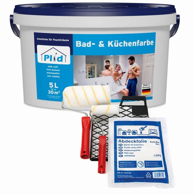 plid Feuchtraumfarbe Bad & Küchenfarbe Badfarbe Küchenfarbe Feuchtraumfarbe Wandfarbe, Schnelltrocknend, Spritzarm, Verarbeitungsfertig von plid