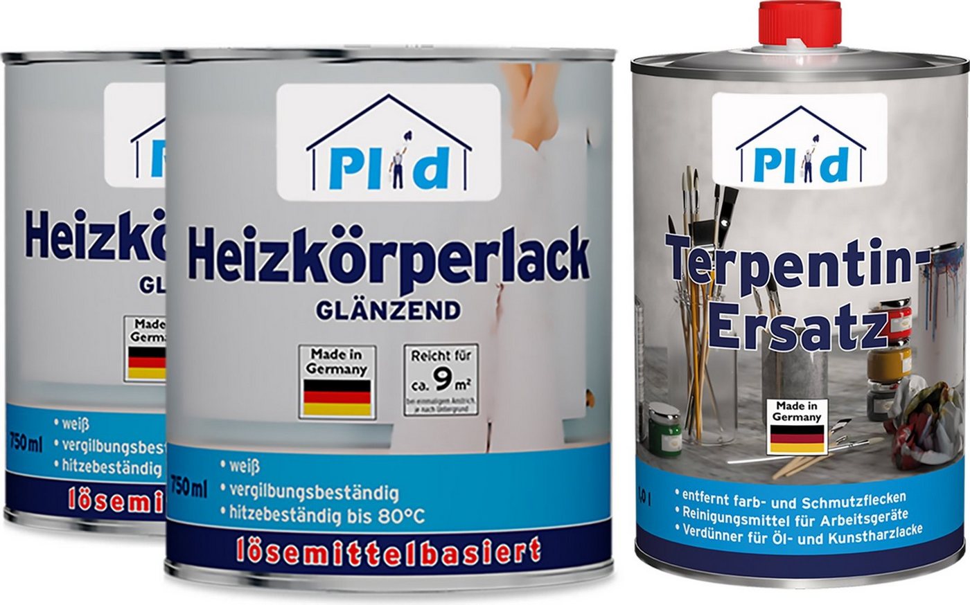 plid Heizkörperlack Premium Heizkörperlack LH Thermolack weiß Glänzend Terpentinersatz, Schnelltrocknend, verarbeitungsfertig von plid