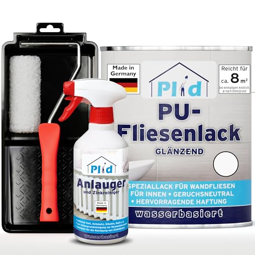 plid® Fliesenlack Fliesen Lack Fliesenfarbe Fliesen steichen/Lackieren Bad/Küche Wandfliesen Feuchtigkeitsbeständig 3in1 System für innen Weiß - Glänzend 0,75l - Anlauger - Lackierset von plid