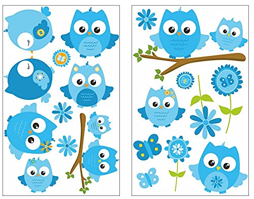 Samunshi® 19x Wandsticker Blaue Eule Wandtattoo Kinderzimmer Mädchen Jungen Kinder Wandtattoo Babyzimmer Deko Junge Wall Stickers 2x 21x34cm von Samunshi