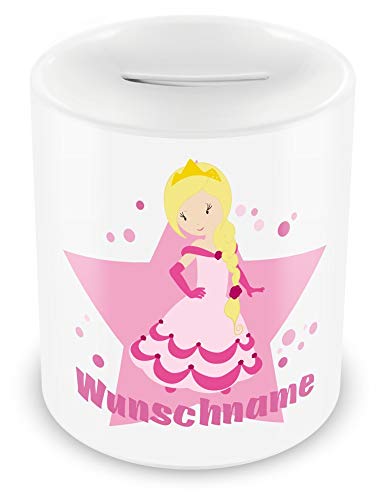 Samunshi® Kinder Spardose mit Namen und Süße Prinzessin als Motiv für Kinder - Jungen und Mädchen Sparschwein weiß von Samunshi