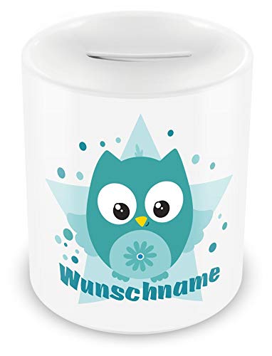 Samunshi® Kinder Spardose mit Namen und Türkise Baby Eule als Motiv für Kinder - Jungen und Mädchen Sparschwein weiß von Samunshi