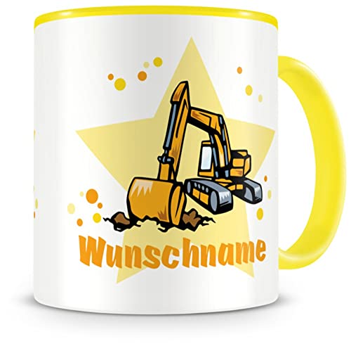 Samunshi® Kindertasse mit Namen Tasse Bagger Personalisierte Tasse mit Namen Kinder Kinderbecher mit Namen Kindergarten gelb 300ml von Samunshi