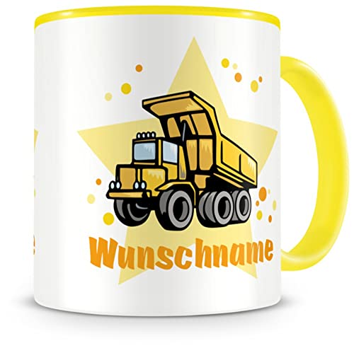 Samunshi® Kindertasse mit Namen Tasse Kipplaster LKW Personalisierte Tasse mit Namen Kinder Kinderbecher mit Namen Kindergarten gelb 300ml von Samunshi