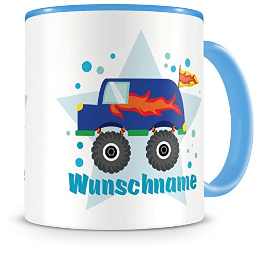 Samunshi® Kindertasse mit Namen Tasse Monstertruck Van Personalisierte Tasse mit Namen Kinder Kinderbecher mit Namen Kindergarten blau 300ml von Samunshi