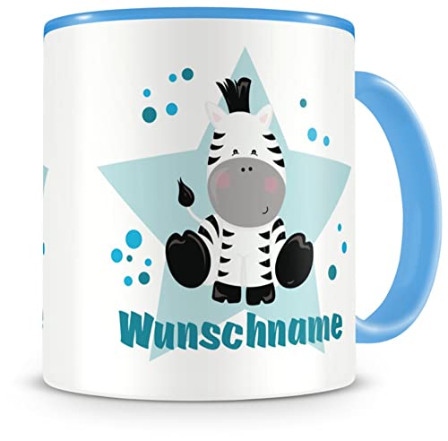 Samunshi® Kindertasse mit Namen Tasse Zebra Personalisierte Tasse mit Namen Kinder Kinderbecher mit Namen Kindergarten blau 300ml von Samunshi