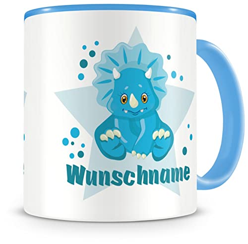 Samunshi® Kindertasse mit Namen Tasse Blauer Dino Personalisierte Tasse mit Namen Kinder Kinderbecher mit Namen Kindergarten blau 300ml von Samunshi