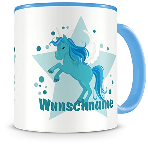 Samunshi® Kindertasse mit Namen blaues Einhorn Tasse Personalisierte Tasse mit Namen Kinder Kinderbecher mit Namen Kindergarten blau 300ml von Samunshi