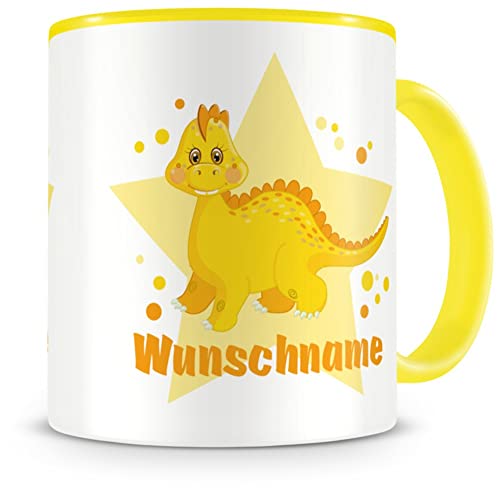 Samunshi® Kindertasse mit Namen Tasse gelber Dino Personalisierte Tasse mit Namen Kinder Kinderbecher mit Namen Kindergarten gelb 300ml von Samunshi