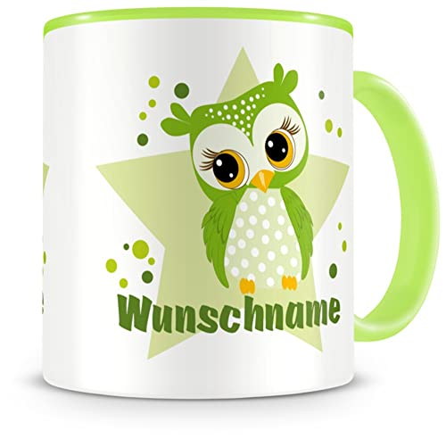 Samunshi® Kindertasse mit Namen Tasse Grüne Eule Personalisierte Tasse mit Namen Kinder Kinderbecher mit Namen Kindergarten grün 300ml von Samunshi