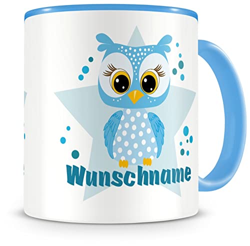 Samunshi® Kindertasse mit Namen Tasse blaue Eule Personalisierte Tasse mit Namen Kinder Kinderbecher mit Namen Kindergarten blau 300ml von Samunshi