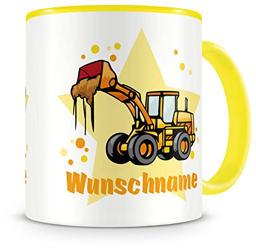 Samunshi® Kindertasse mit Namen Tasse Radlader Personalisierte Tasse mit Namen Kinder Kinderbecher mit Namen Kindergarten gelb 300ml von Samunshi