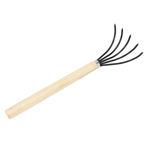 Gartenhand -Rechen 5 Stahlzinken Holzgriff Ergonomische Konstruktion Klauenkultiviererin zum Boden lockerte Boden effizientes Gartenwerkzeug zum Pflanzen von Blumen Gemüse (Langer Griff) von plplaaoo