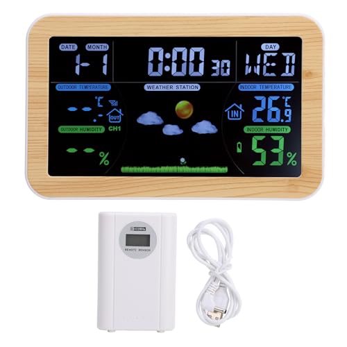 LCD Wetteruhr Innenräume Außentemperaturfeuchtigkeitsmonitor mit 24 -Stunden -Wettervorhersage Multi -Funktions -Tasten für Home Office Garage Lagerraum ABS Material von plplaaoo