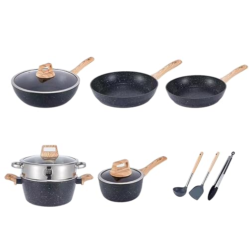 Pots Pans Set Set Nicht -Set -Küchenkochgeschirrset 10 -teilige Bratpfanne Pfanne Sautpfanne mit Deckelschelle Löffel Zange für Hauskochen Aluminium Granitholz (Schwarz) von plplaaoo
