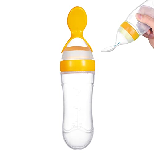 Silikon Baby Kleinkind Babyflasche,1 STÜCKE Babynahrung Squeeze Dosierlöffel Feeder, Frische Lebensmittel Müsli Squeeze Feeder Heiß mit Löffel, BPA-frei(Gelb) von plplaaoo