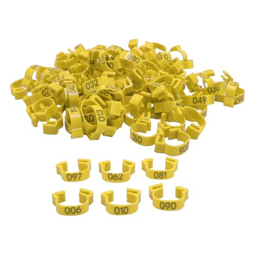 plplaaoo 100pcs Hühnerbeinbänder 20mm 001 bis 100 nummerierte Geflügelidentifikations -Bein -Tags für Küken Enten Tauben Gans Wachtel Kunststoffmaterial Einfacher Clip auf dem Design (Gelb) von plplaaoo