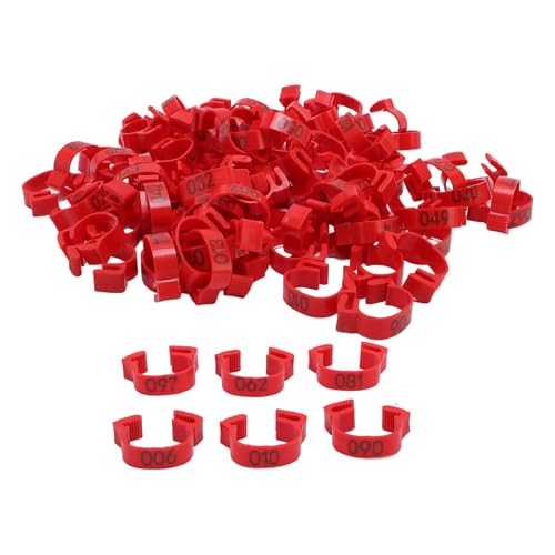 plplaaoo 100pcs Hühnerbeinbänder 20mm 001 bis 100 nummerierte Geflügelidentifikations -Bein -Tags für Küken Enten Tauben Gans Wachtel Kunststoffmaterial Einfacher Clip auf dem Design (Rot) von plplaaoo