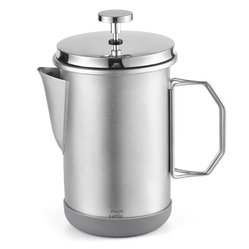 plplaaoo Französische Presse Kaffeemaschine Edelstahl 1L Tragbares faltbares Griff Camping Französisch Press Kaffeekanne ideal für Hausbrauen und Outdoor -Abenteuer (Silber) von plplaaoo
