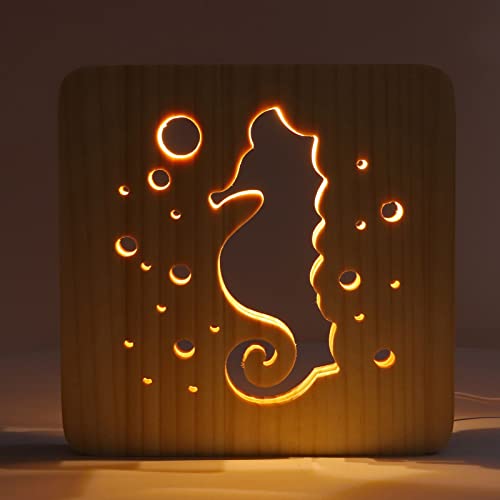 plplaaoo Hölzernes 3D-LED Nachtlicht,Seepferdchen-Nachtlicht,Seepferdchen-Dekor,Weihnachts-LED-Lampe,hohles Seepferdchen-Muster,USB-Netzteil, 2 W,für Hauptdekorationen von plplaaoo